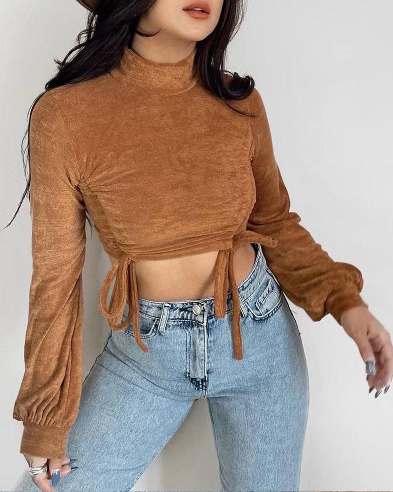 Long Sleeve Drawstring Ruched Velvet Crop Top