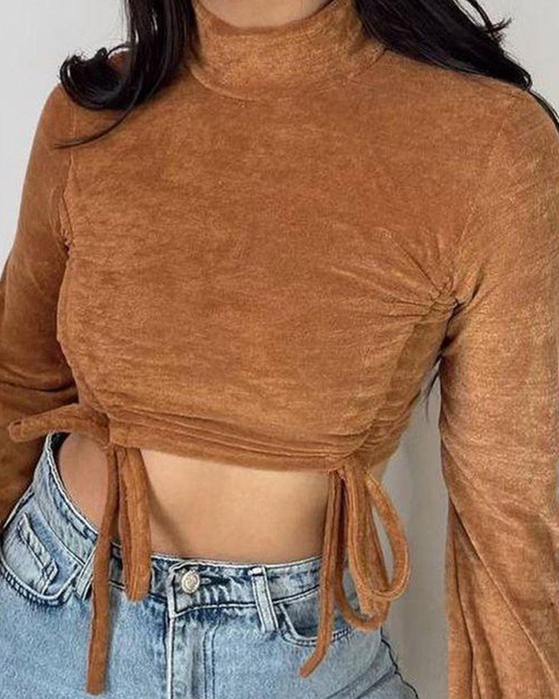 Long Sleeve Drawstring Ruched Velvet Crop Top