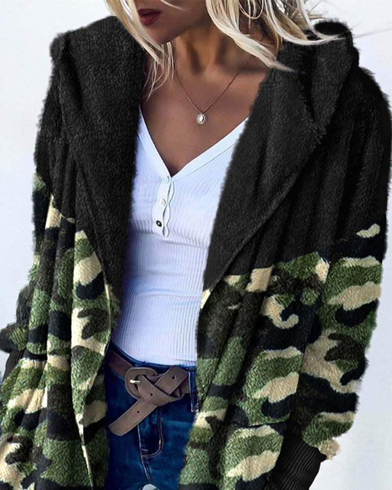 Camouflage Print Long Sleeve Hooded Teddy Coat