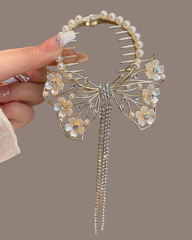 1pc Floral Bowknot Design Pearls Tassel Beaded Hair Clip