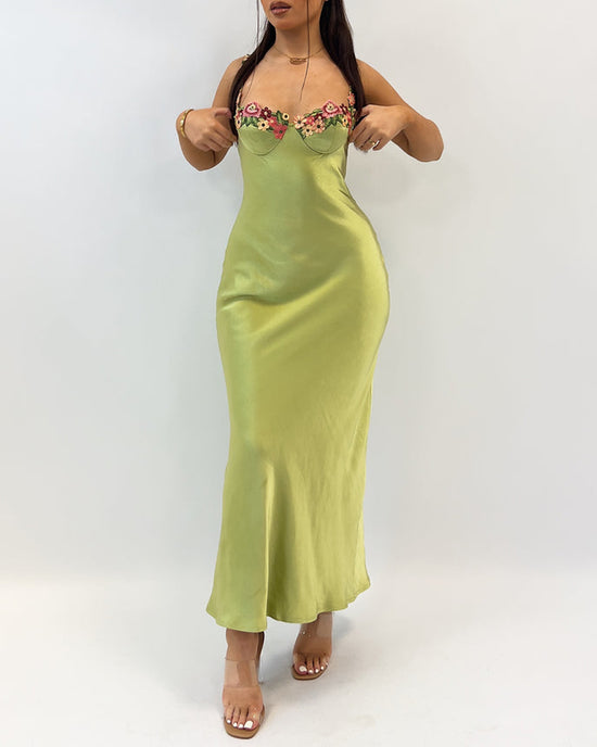 Floral Embroidery Satin Midi Dress – AvocadoMall