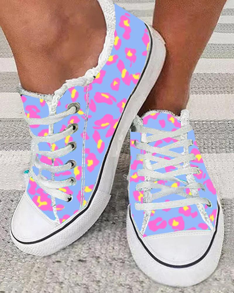 Leopard Print Raw Hem Lace up Canvas Sneakers