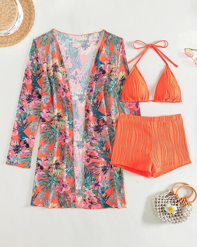 Halter Textured Bikini Top & Shorts Set With Floral Tropical Print Coat