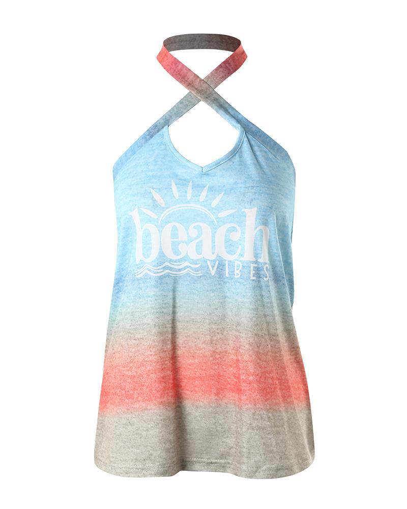 Beach Landscape Print Cross Halter Tank Top