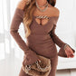 Chain Decor Off Shoulder Ribbed Bodycon Dress