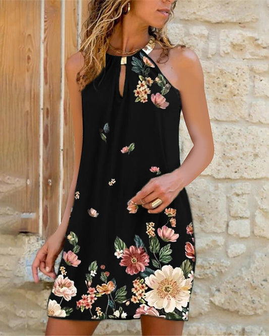 Floral Print Metal Halter Casual Dress