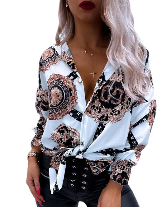 Baroque Print Button Decor Long Sleeve Top