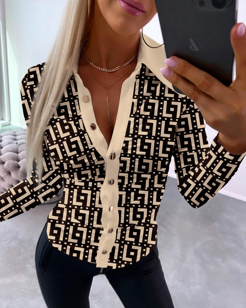 Geometric Print Ruched Buttoned Long Sleeve Top