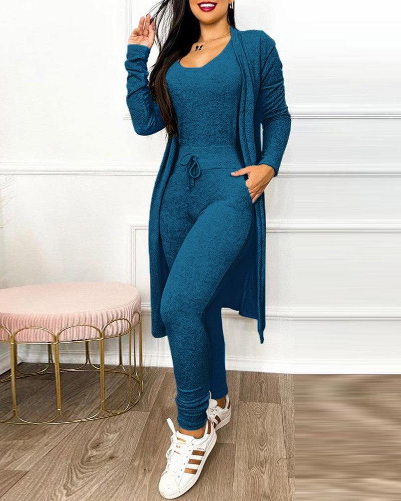 Drawstring Pocket Design Jumpsuit & Coat Set