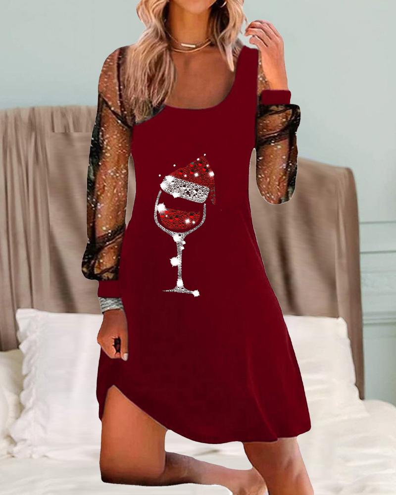 Christmas Wine Glass Print Contrast Mesh Casual Dress