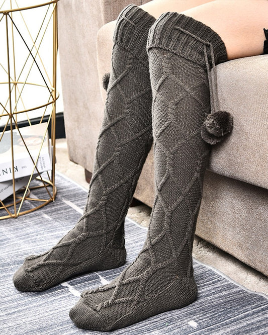 1Pair Braided Bowknot Decor Skinny Long Socks