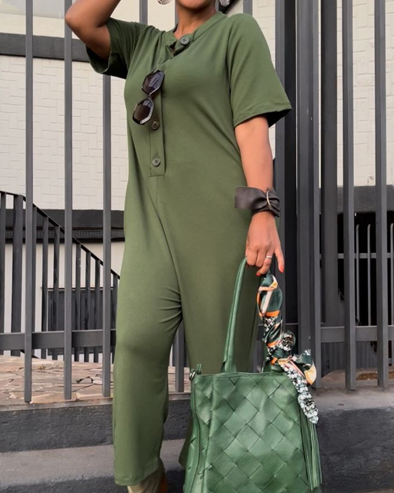 Short Sleeve Buttoned Pocket Design Jumpsuit