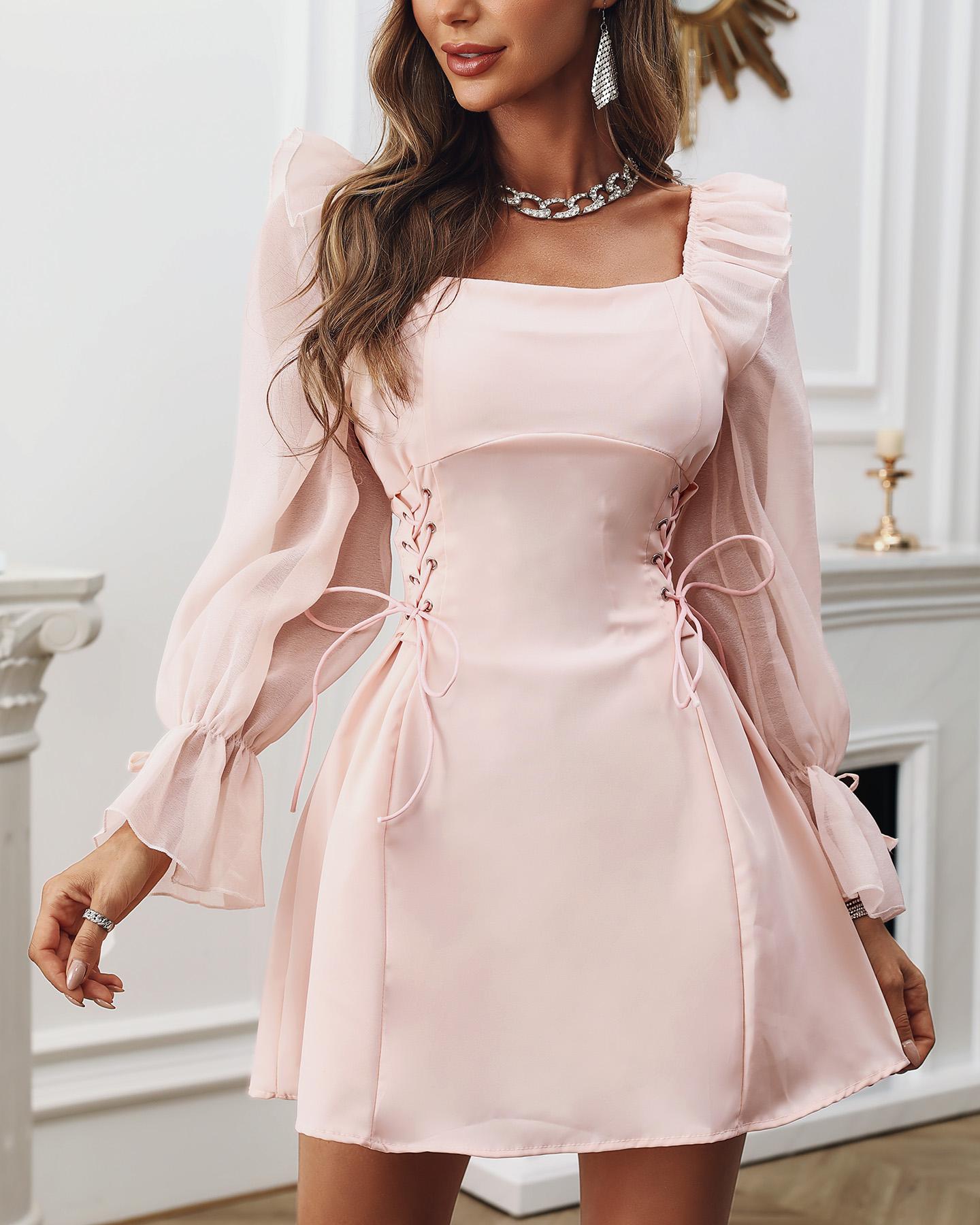 Eyelet Lace up Flared Sleeve Ruffle Hem Dress