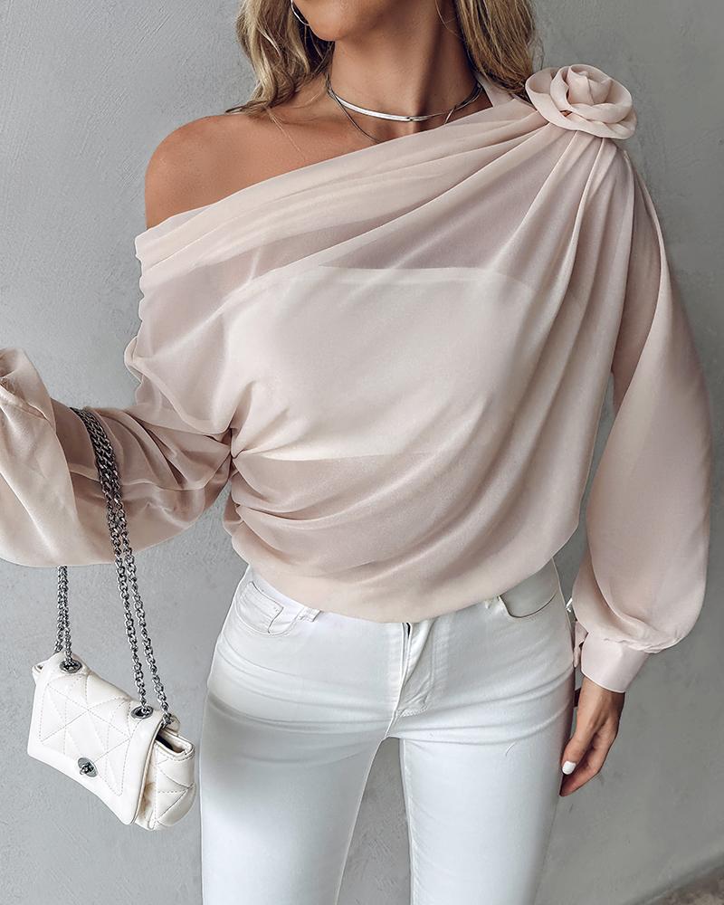 Rose Detail Ruched Skew Neck Chiffon Top