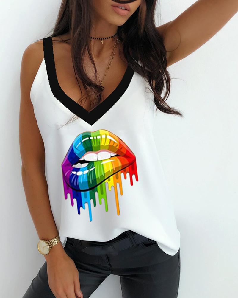 Lip Print V neck Casual Tank Top