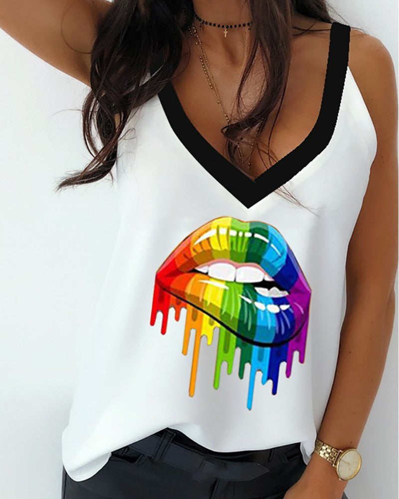 Lip Print V neck Casual Tank Top