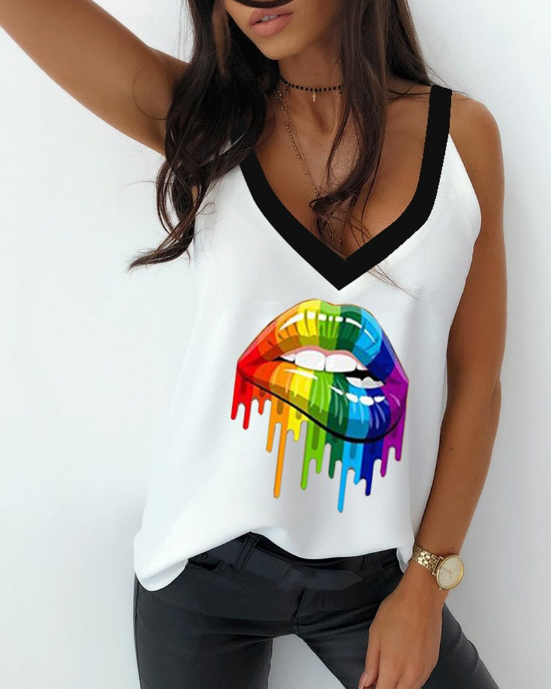 Lip Print V neck Casual Tank Top