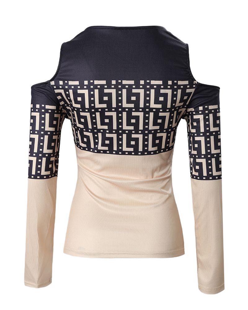 Geometric Print Zip Front Cold Shoulder Ribbed Top