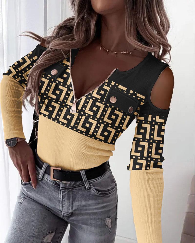 Geometric Print Zip Front Cold Shoulder Ribbed Top