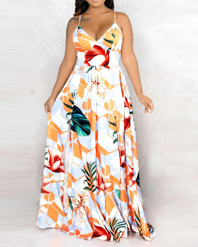 Tropical Graphic Print Sleeveless Maxi Dress
