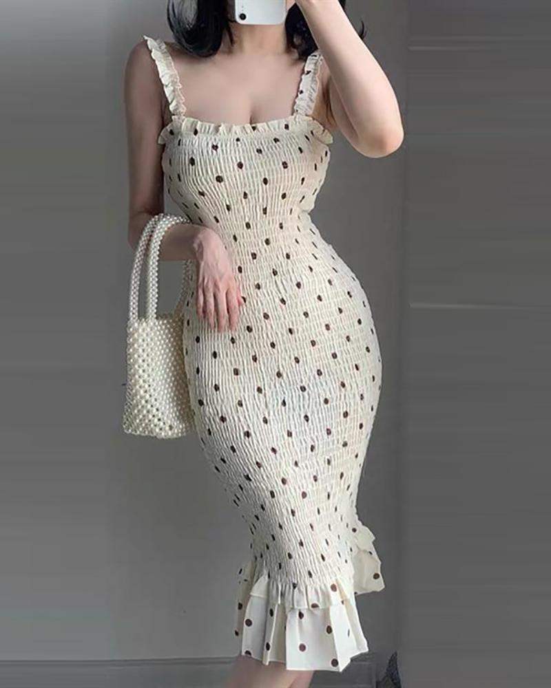 Spaghetti Strap Polkadot Print Shirred Mermaid Dress