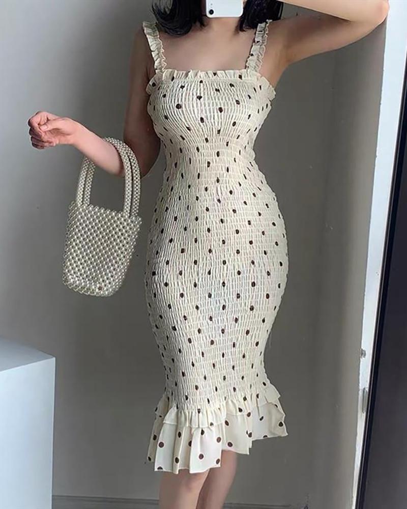 Spaghetti Strap Polkadot Print Shirred Mermaid Dress