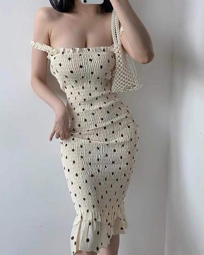 Spaghetti Strap Polkadot Print Shirred Mermaid Dress