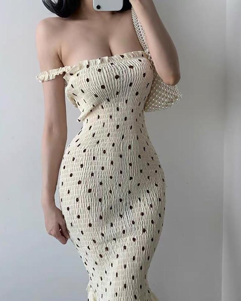 Spaghetti Strap Polkadot Print Shirred Mermaid Dress