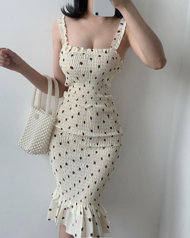 Spaghetti Strap Polkadot Print Shirred Mermaid Dress