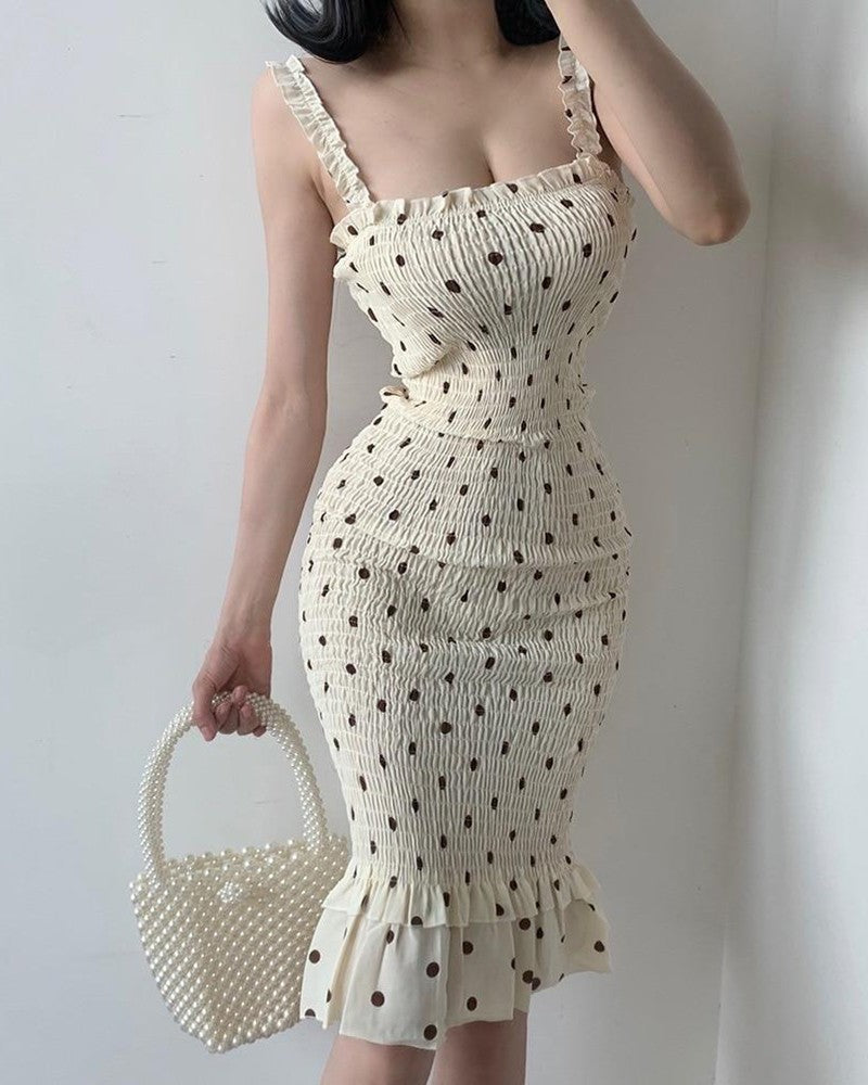 Spaghetti Strap Polkadot Print Shirred Mermaid Dress