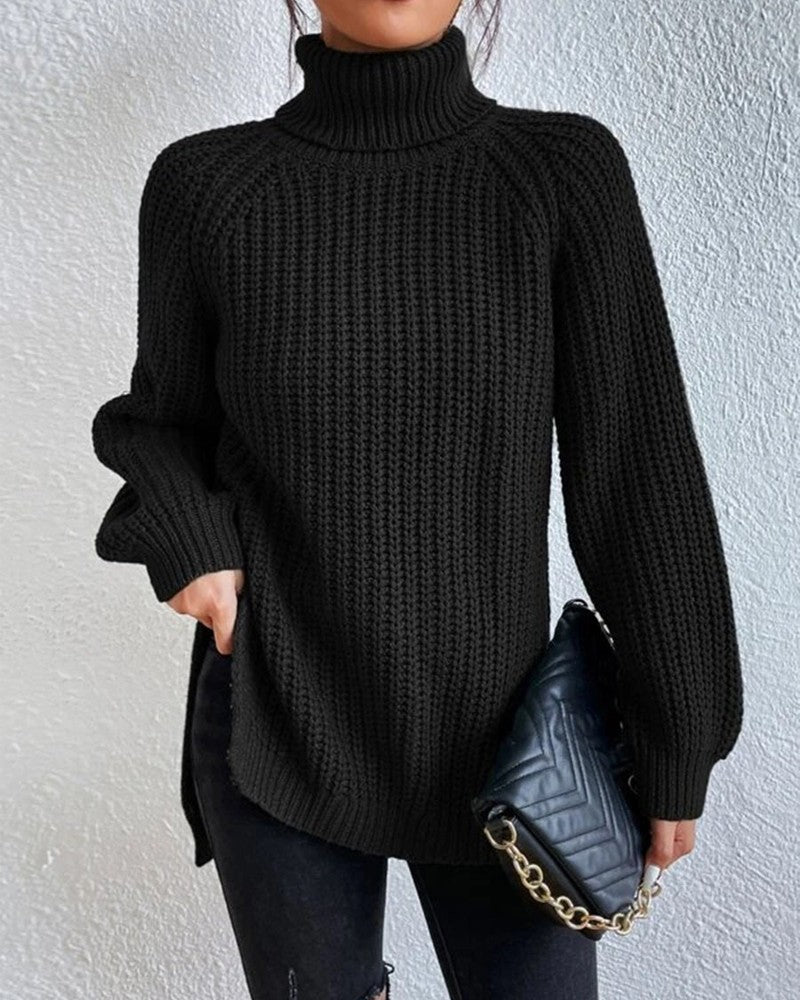 High Neck Long Sleeve Slit Sweater