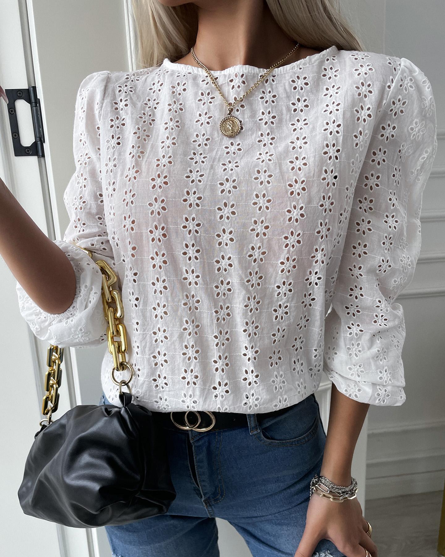 Eyelet Embroidery Knotted Backless Long Sleeve Top