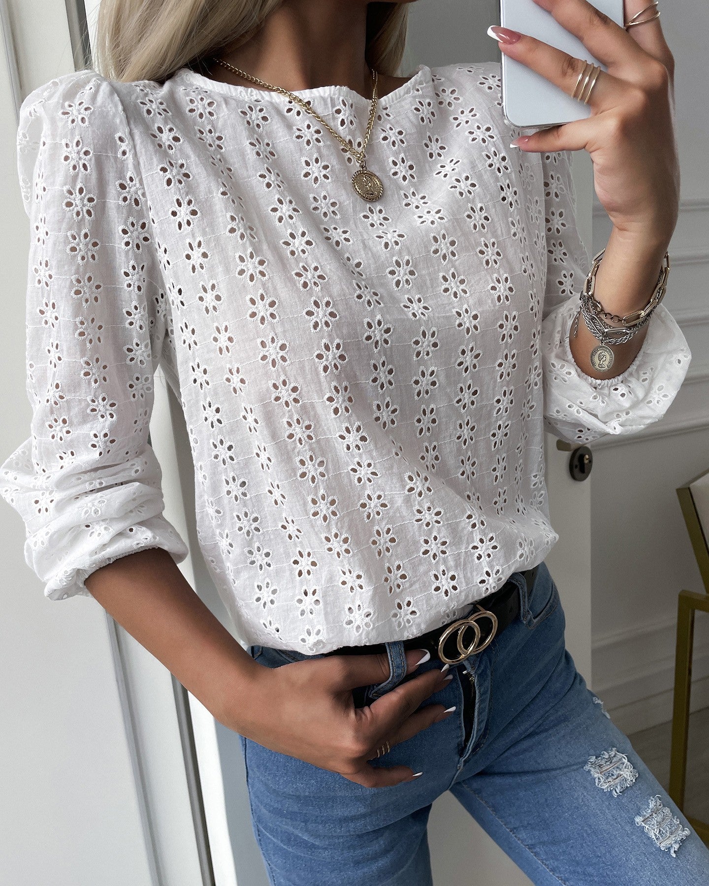 Eyelet Embroidery Knotted Backless Long Sleeve Top