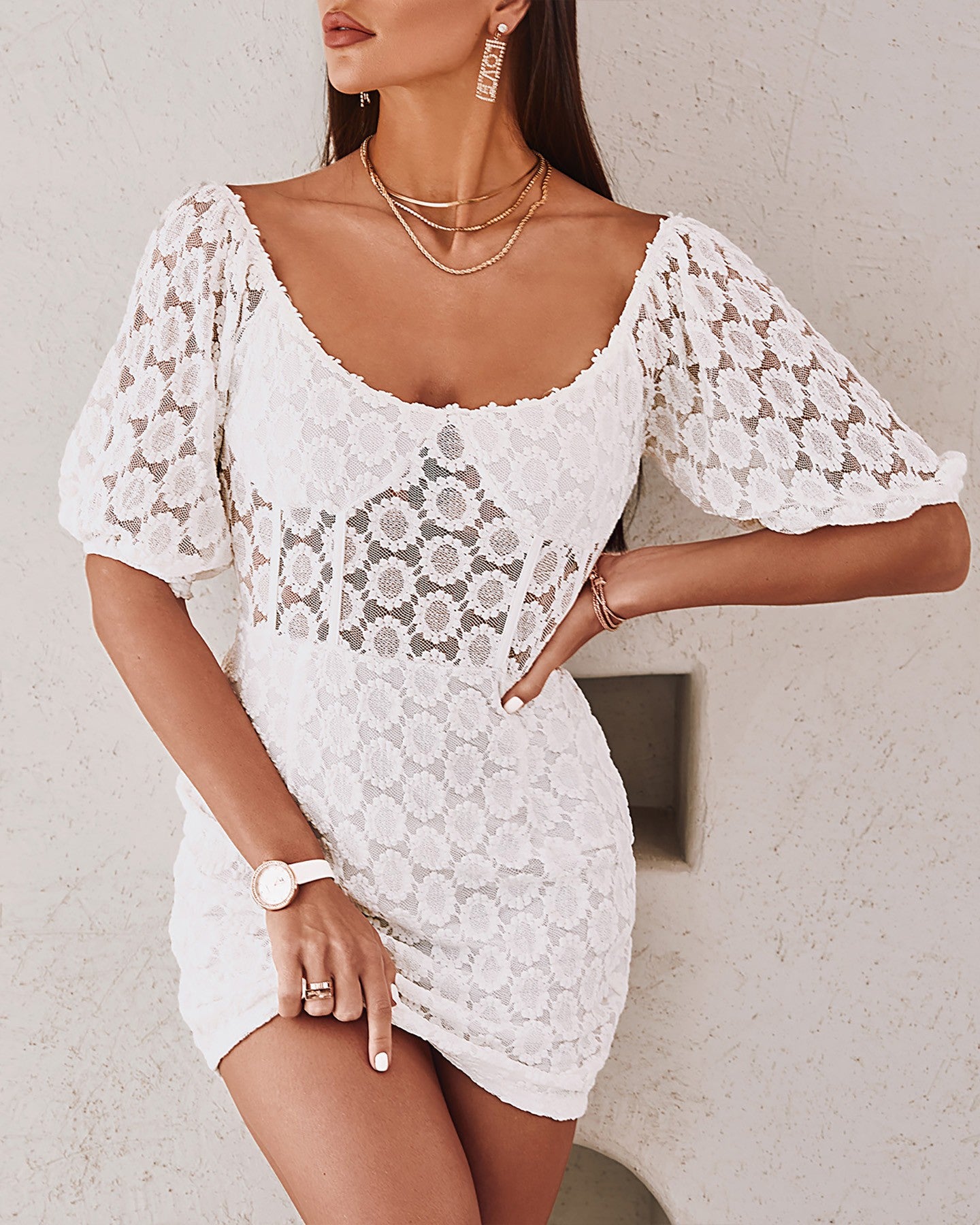 Lace Lantern Sleeve Bodycon Dress