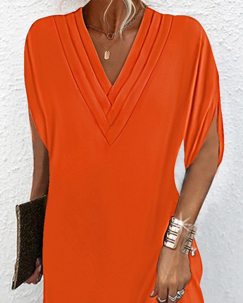 Half Sleeve V Neck Ruched Casual Dress