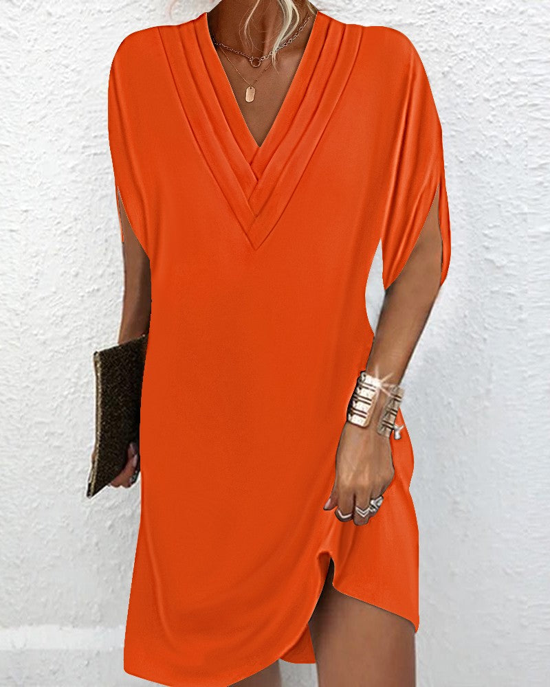 Half Sleeve V Neck Ruched Casual Dress