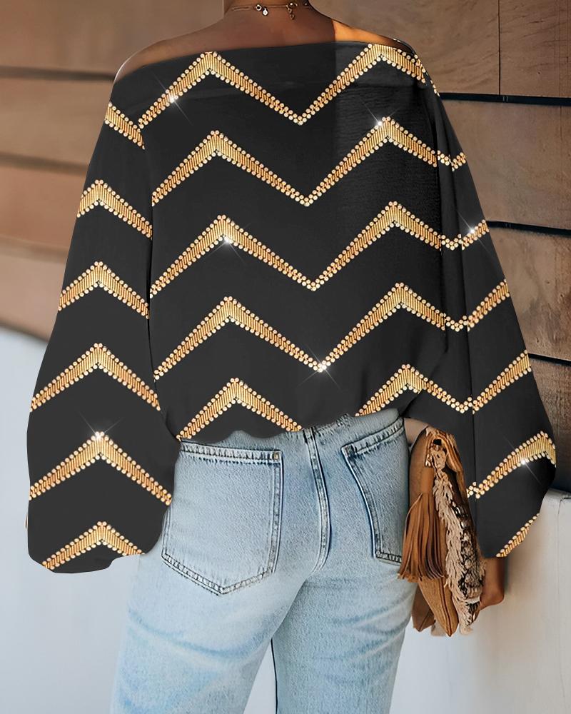 Bronzing Chevron Print Lantern Sleeve Top