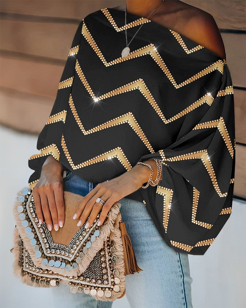 Bronzing Chevron Print Lantern Sleeve Top