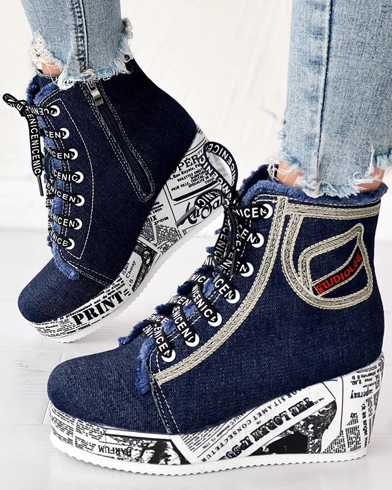 Newpaper Lace up Platform Wedge Ankle Boots