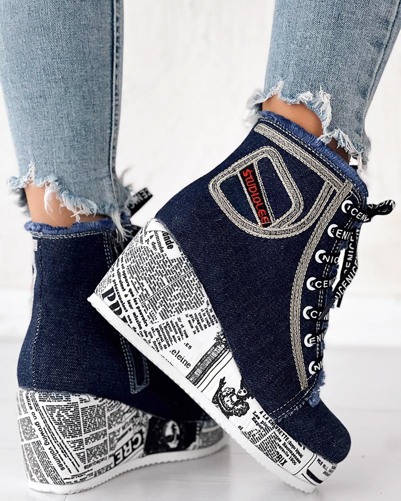 Newpaper Lace up Platform Wedge Ankle Boots