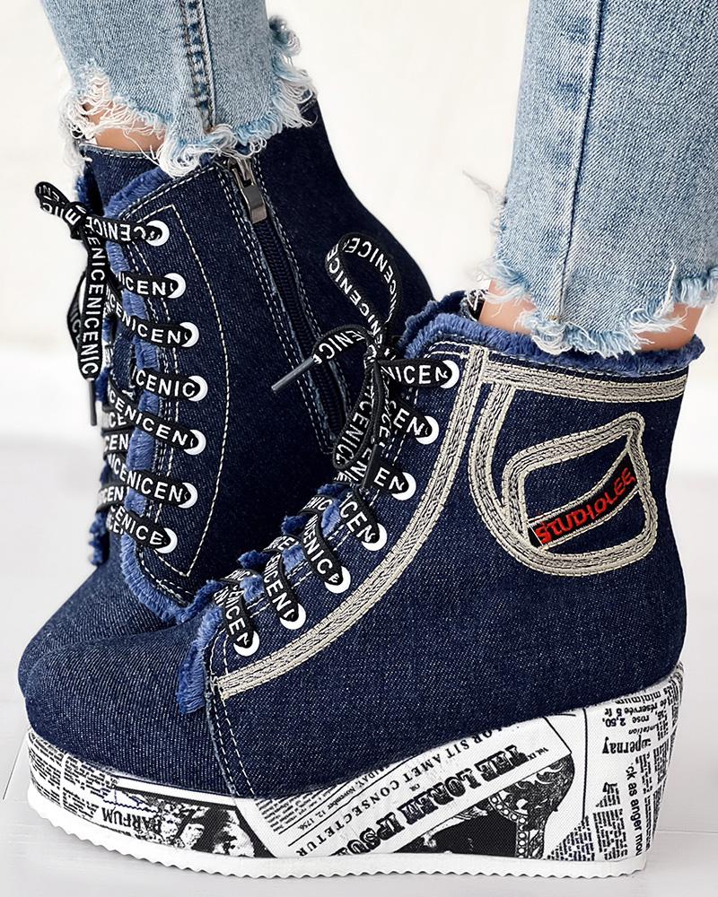 Newpaper Lace up Platform Wedge Ankle Boots