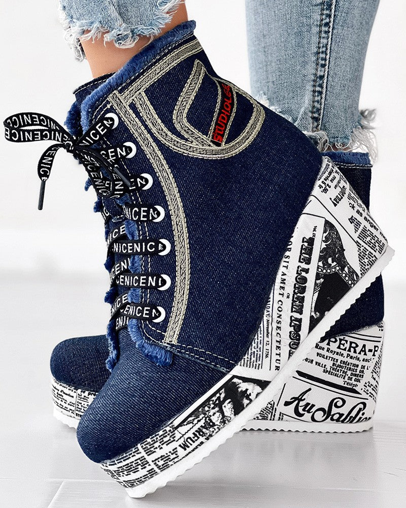 Newpaper Lace up Platform Wedge Ankle Boots