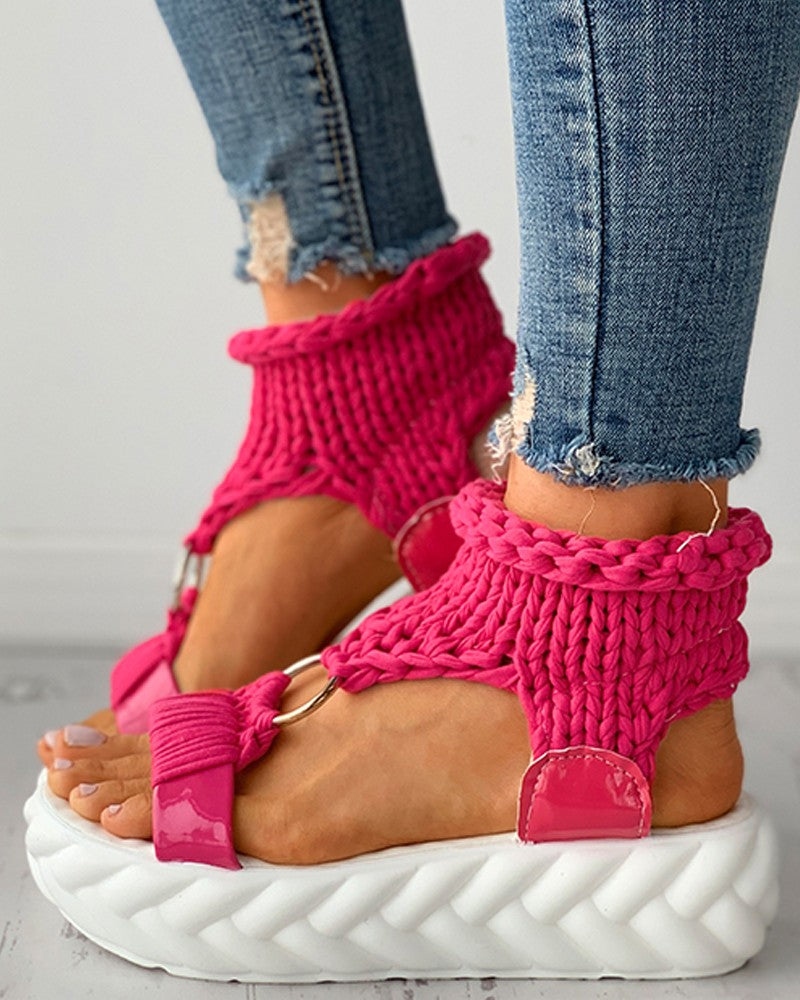 Braided Knit O Ring Cutout Platform Sandals