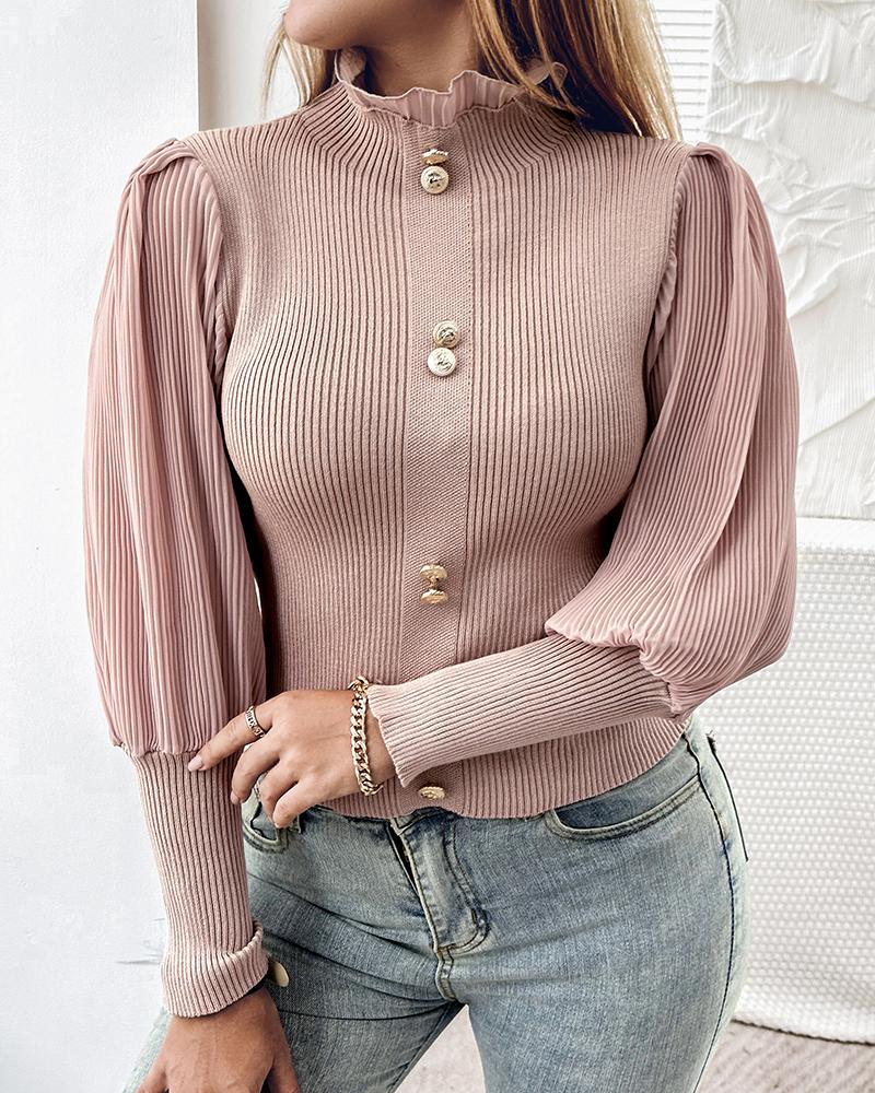 Gigot Sleeve Frill Hem Knit Sweater