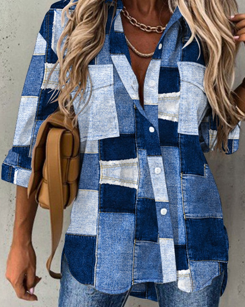 Denim Look Print Pocket Design Shirt