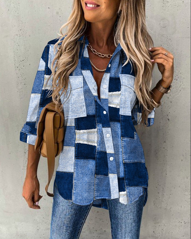 Denim Look Print Pocket Design Shirt