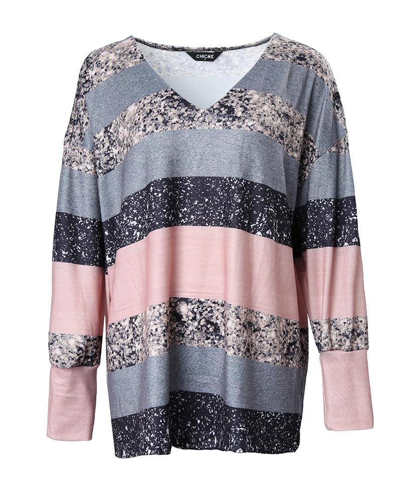 Colorblock Striped Print Long Sleeve Casual Top