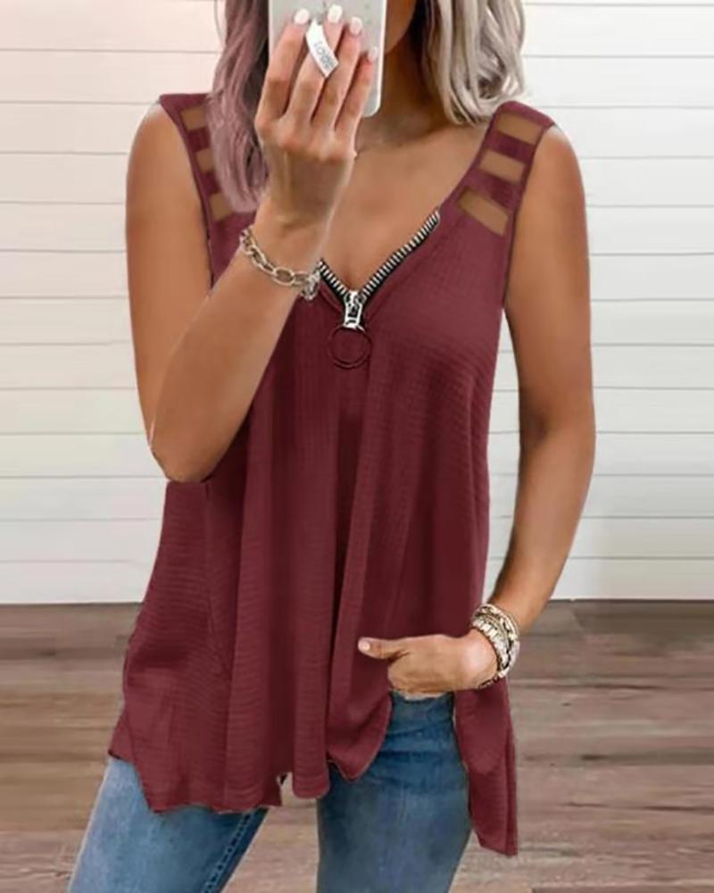 Ladder Cutout Zip Front Knit Tank Top