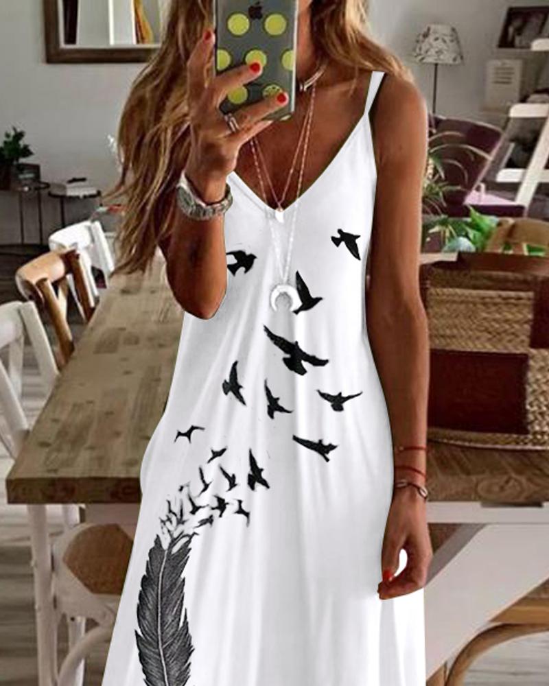 Feather Bird Print Spaghetti Strap Maxi Dress