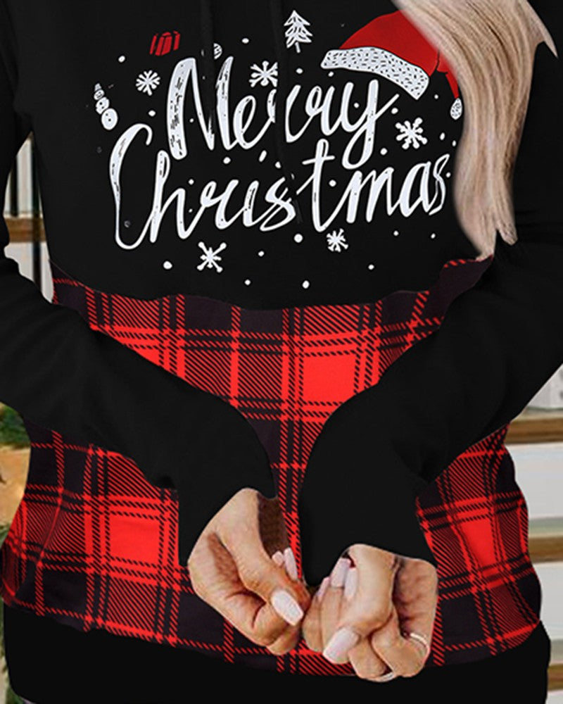 Christmas Letter Plaid Print High Neck Sweatshirt